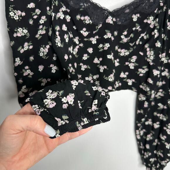 BP. Women’s Lace Trim Long Sleeve‎ Crop Top In Black Kasey Ditsy Size Small - Picture 7 of 9